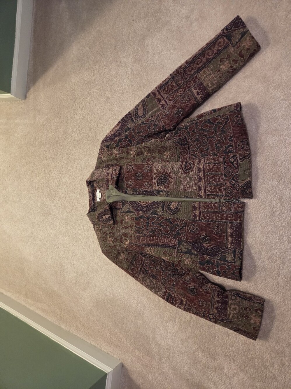 Christopher & Banks Patchwork Paisley Zip Jacket - Olive & Brown